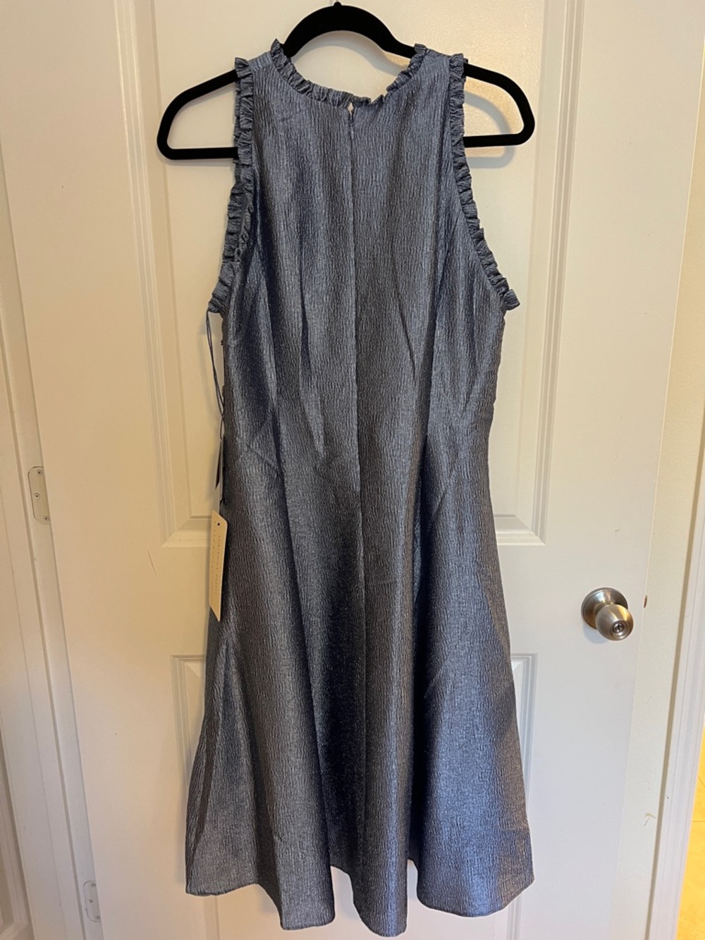 Adrianna Papell Shimmery Steel Blue High-Neck High-Low Dress - Picture 6 of 8